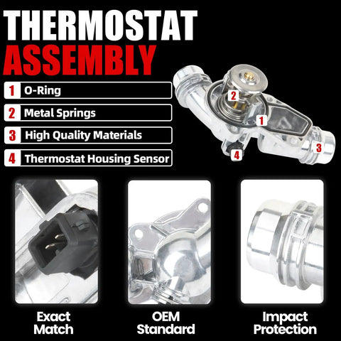 Premium Aluminum Thermostat Housing Assembly Upgrade For BMW Vehicles Including E46 E39 E60 E83 E53 E85 325i 330i 525i 530i X5 X3 Z3 Z4 Plug And Play Easy Install Direct Fit Replacement 11537509227 with key features highlighted