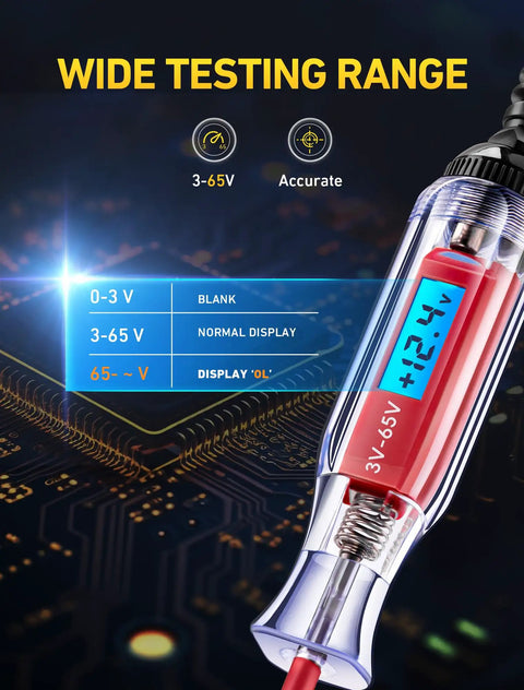 3 To 65V Backlit Digital LCD Circuit Tester Test Light With 140 Inch Extended Wire For Cars And Trucks