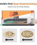 20W AI Smart Laser Engraver With HD Camera Positioning showing dual exhaust system and engraved samples.