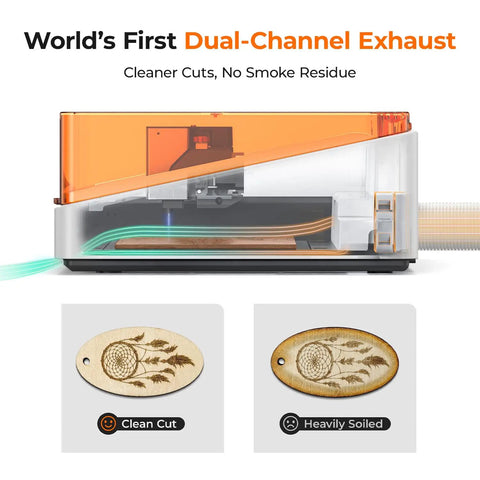 20W AI Smart Laser Engraver With HD Camera Positioning showing dual exhaust system and engraved samples.