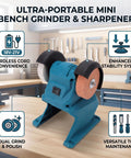 No Nonsense Cordless Mini Bench Grinder With Suction Cup Base And Mounting Holes 2.76 Inch Hole Polisher For Precision Sharpening Rock Solid Workbench Heavy Duty Polish Tool on a workbench with a bright background.