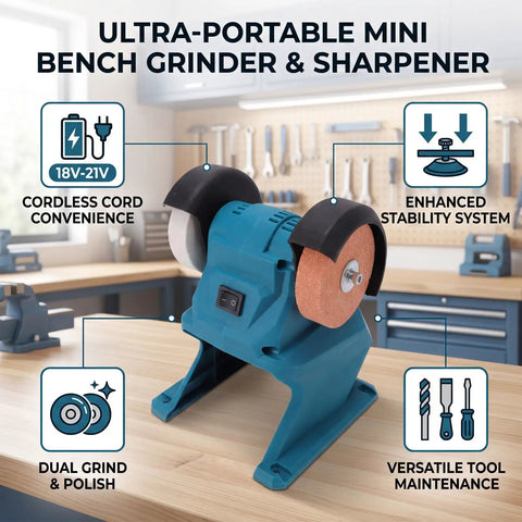 No Nonsense Cordless Mini Bench Grinder With Suction Cup Base And Mounting Holes 2.76 Inch Hole Polisher For Precision Sharpening Rock Solid Workbench Heavy Duty Polish Tool on a workbench with a bright background.