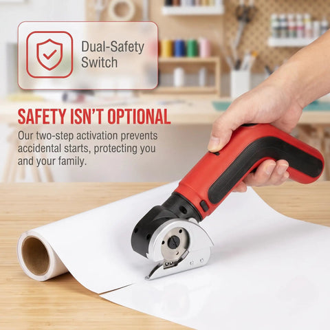 Kitluck Cordless Electric Scissors With Rechargeable Battery And Replacement Blade in use, showcasing dual-safety switch design for safe cutting.