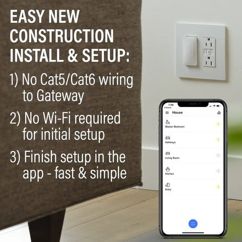 Radiant In-Wall Smart Switch Starter Kit With Netatmo next to smartphone displaying app interface