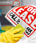 For Lease sign being cleaned with a sponge, showing reusable feature with dry erase markers.