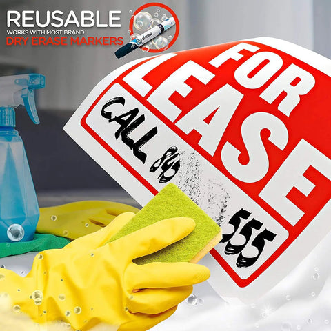 For Lease sign being cleaned with a sponge, showing reusable feature with dry erase markers.