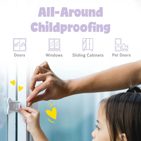 Adult and child using Easy Install Baby Proof Cabinet Locks For Cabinets And Drawers Sliding Door Lock Latches For Babies No Drill Tape On Safe White Set Of Four Kid Friendly Home Safety Essentials on sliding door.