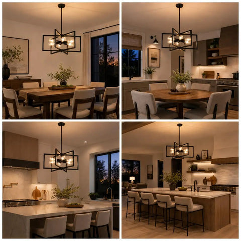 Drop-Dead Gorgeous 23.6 Inch Black Farmhouse Chandelier With Six Lights And Fully Adjustable Drop For Kitchen Table Dining Room Or Foyer displayed in dining and kitchen settings.