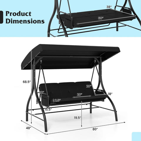 Three Person Outdoor Porch Swing With 2 In 1 Convertible Design From Chair To Lounger For Chill Sessions, Adjustable Canopy, Removable Cushions, Metal Frame With Side Pockets For Backyard Garden Porch Black visual dimensions