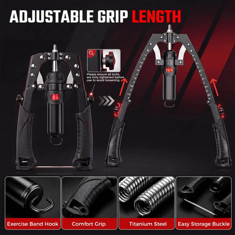 Twister Arm Trainer Hydraulic Grip Strengthener 3-In-1 Adjustable Resistance 22 To 440 Lbs, showing adjustable grip length and features.