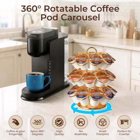 Rotating K Cup Carousel Holder 3 Tier Organizer That Fits 27 K Cups Spins 360 Degrees Anti Slip Base No Assembly Gold Finish
