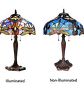 Julia Tiffany Style Dragonfly 2 Light Table Lamp With Shade Handcrafted Glass Art In Gem Tones Dragonfly Motif, illuminated and non-illuminated view