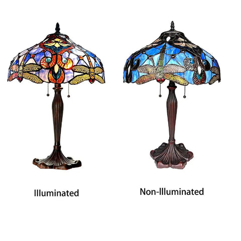 Julia Tiffany Style Dragonfly 2 Light Table Lamp With Shade Handcrafted Glass Art In Gem Tones Dragonfly Motif, illuminated and non-illuminated view