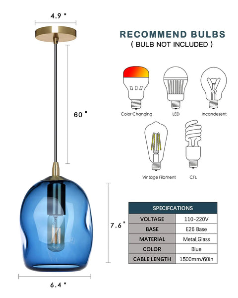 Dope Capri Blue Glass Pendant Lights Hand Blown Organic Globe With Gold Accents For Kitchen Island Ceiling Fixtures 8 Inch Height Set Of 2 Easy Install ETL Certified pendant specifications and bulb recommendations.