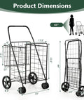 Jumbo Folding Shopping Cart On Swivel Wheels With Dual Basket showing dimensions, foldable design for easy storage.