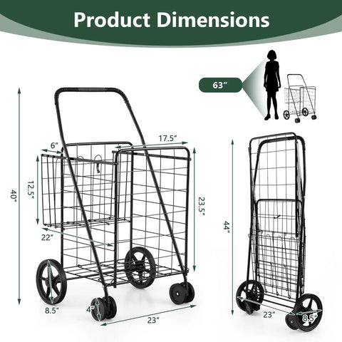 Jumbo Folding Shopping Cart On Swivel Wheels With Dual Basket showing dimensions, foldable design for easy storage.