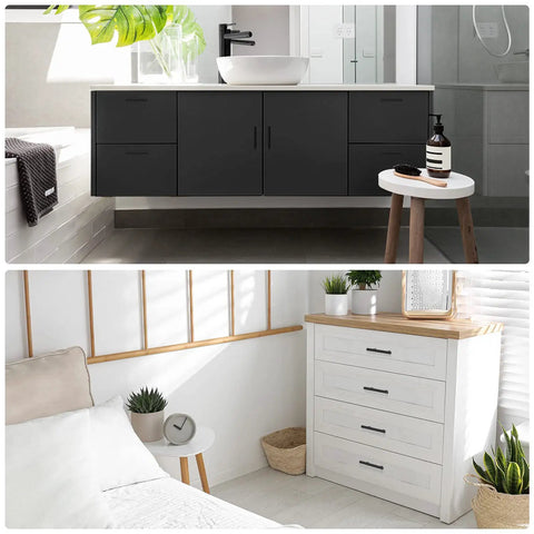 Image showing two different rooms; top with dark cabinet, bottom with white dresser. Stainless Steel Cabinet Pulls For Kitchen Drawers Five And A Half Inch Length Five Inch Center To Center Mount Matte Black Finish Heavy-Duty Rust Resistant Bar Handles Easy Install 30 Piece Set Budget-Friendly visible on both.