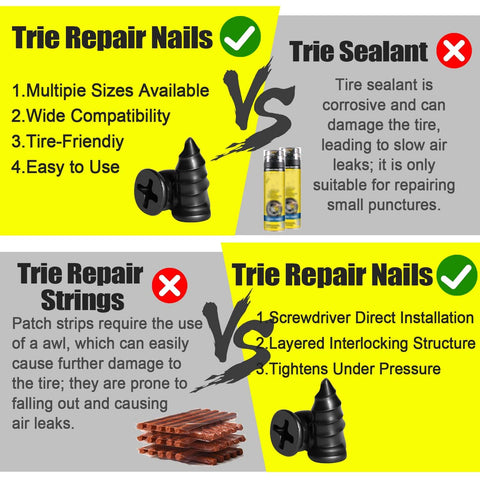 Comparison chart of trie repair nails vs trie sealant and strings; repair nails highlighted for effectiveness