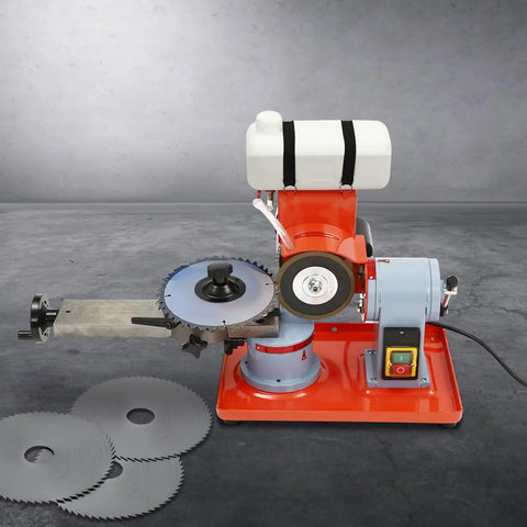 Circular Saw Blade Sharpener 370W Angle Mill Grinder With Water Cooling Tank precision sharpener on workbench with saw blades.