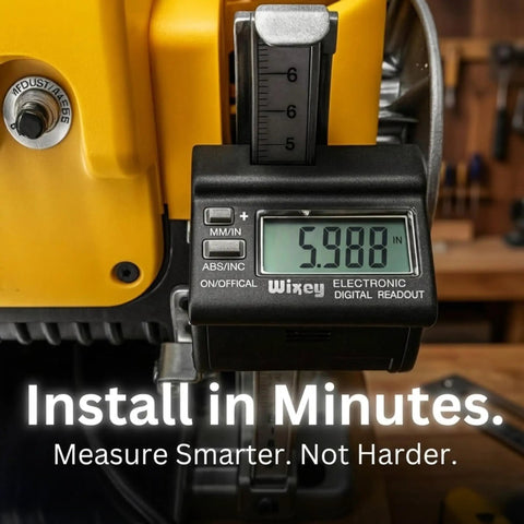 Digital Planer Gauge With Electronic Readout For Woodworking showing a reading of 5.988 inches installed on a yellow machine.