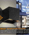 Hands Free Sensor LED Dusk To Dawn Outdoor Wall Light 20W Adjustable Aluminum Sconce in rain, matte black, IP65 waterproof