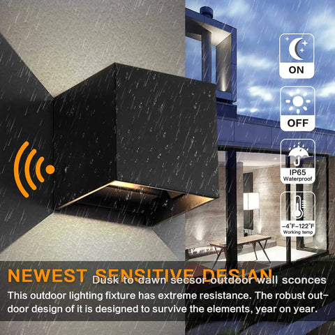 Hands Free Sensor LED Dusk To Dawn Outdoor Wall Light 20W Adjustable Aluminum Sconce in rain, matte black, IP65 waterproof