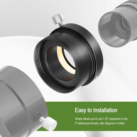 2 Inch To 1.25 Inch Eyepiece Adapter For Telescope with metal construction and thumbscrew, shown with brass locking system.