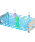 Heavy Duty 50 Hole Test Tube Rack For 13, 16, And 18mm Tubes, Multi Layer Detachable Tray with colorful test tubes in classroom lab