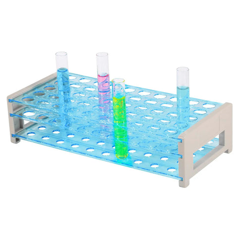Heavy Duty 50 Hole Test Tube Rack For 13, 16, And 18mm Tubes, Multi Layer Detachable Tray with colorful test tubes in classroom lab