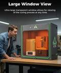 Beefed Up Extra Large Resin 3D Printer Enclosure With Fan Interface and Temperature Control in use, showing large window view.