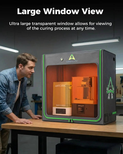 Beefed Up Extra Large Resin 3D Printer Enclosure With Fan Interface and Temperature Control in use, showing large window view.