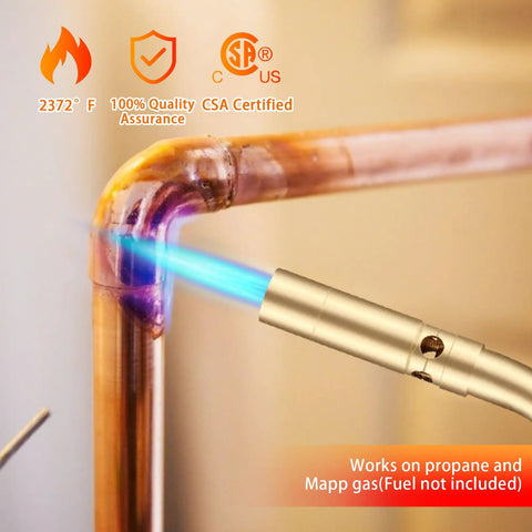 Beast Mode Brass Propane Torch Head With Manual Start in use soldering a copper pipe, showing blue flame, CGA600 compatible