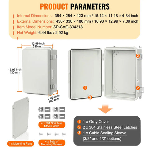 Rugged Weather Resistant Junction Box With Hinged Lid And Stainless Steel Lock ABS Plastic Enclosure IP67 Dust And Waterproof Large 16.93 x 12.99 x 7.09 Inch Interior For Wiring And Electrical Components with dimensions and mounting plate