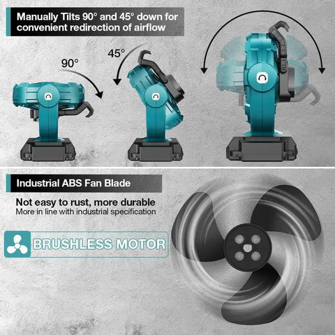18V Cordless Oscillating Fan With Brushless Motor compatible with Makita 18V Battery, adjustable tilting function and durable ABS blade