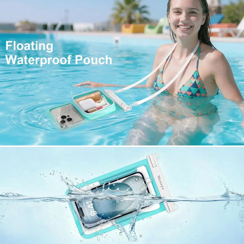 Woman using 2 Pack IPX8 Waterproof Phone Pouches with Lanyards, floating in pool, showing phone protection and submersion safety.
