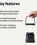 Lit 360 Degree Camping Lantern With 1000 Lumen LED, Four Modes Including Dimmable And Strobe, IPX4 Water Resistant in hand
