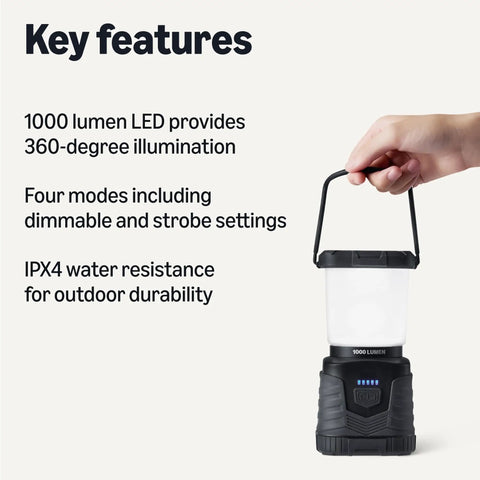 Lit 360 Degree Camping Lantern With 1000 Lumen LED, Four Modes Including Dimmable And Strobe, IPX4 Water Resistant in hand