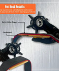 Demonstration of Heavy Duty Revolving Hole Punch Kit With Six Size Heads Steel Ruler And File For Belts Watch Straps Saddles Shoes And DIY Crafts Built Tough For Precise Holes And Everyday Leather Craft punching leather with cardboard.