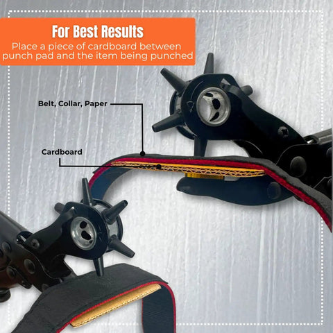 Demonstration of Heavy Duty Revolving Hole Punch Kit With Six Size Heads Steel Ruler And File For Belts Watch Straps Saddles Shoes And DIY Crafts Built Tough For Precise Holes And Everyday Leather Craft punching leather with cardboard.