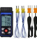 Dual Channel K And J Type Thermocouple Thermometer With Alarm And Compensation Adjustment For HVAC Pros Includes 4 K Type Thermocouple Temperature Meter For -328 F To 2501 F High Accuracy 0.2 Percent Plus 0.7 C showing probes