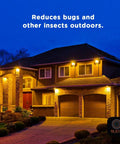 House lit with warm lights at night, promoting bug reduction. Black Light 23 Watt Spiral CFL Bulbs 120V E26 Base UL Approved Energy Saver Pack Of 4.
