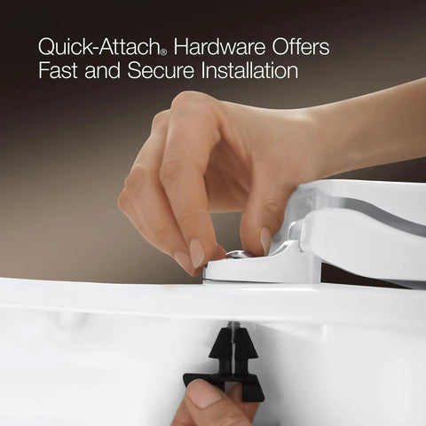 Hand installing elongated closed front toilet seat with cover durable polypropylene stain resistant finish that will not peel or stain.