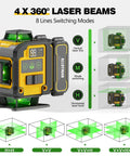 4x360 Degree Self Leveling Laser Level With Tripod And Pole, Green Line 360 Degree Laser, Boss-Level Precision Horizontal And Vertical Alignment, 2 Li-ion Batteries, Great For Picture Hanging, Tile, And Home Renovation. Yellow and black 4x360° laser level with green lines and mode icons