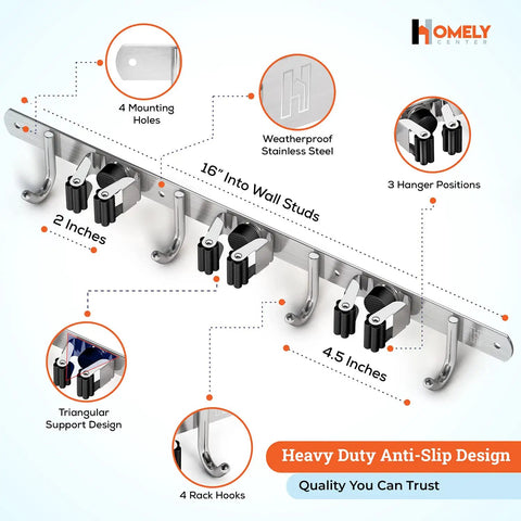 Diagram of Heavy Duty Wall Mount Broom And Mop Holder With 3 Tier Racks And 4 Hooks 17 Inch Stainless Steel Organizer details.