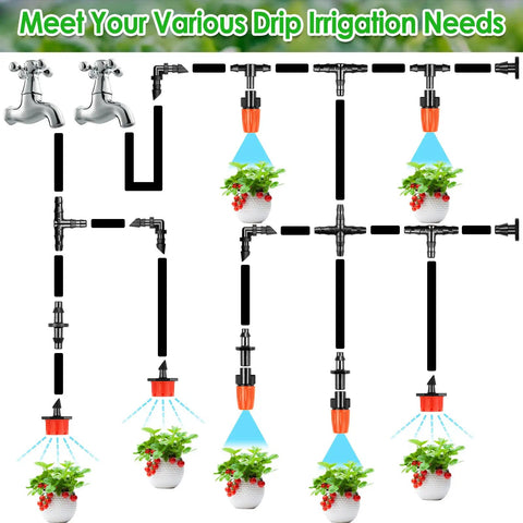 246 Piece 1 Quarter Inch Drip Irrigation Fittings Kit With Barbed Couplings Tees Elbows and Nozzles in garden setup