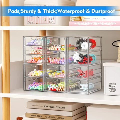 Clear Acrylic Thirteen Drawer Storage Makeup Organizer For Desk Bathroom Vanity Counter Straight Up Big Time Game Changer that holds colorful beads and accessories.