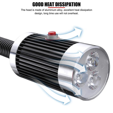 Top Shelf Led Machine Work Light With Heavy Duty Magnetic Base And Flexible Gooseneck Arm Pumping Out Killer Shop Brightness At One Thousand Lumens showing aluminum head design.