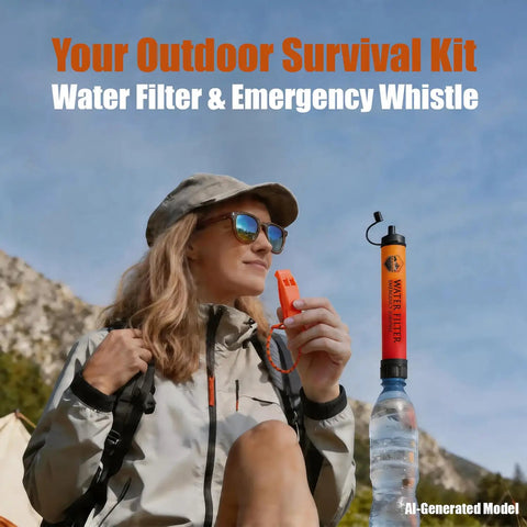 Person with Ultralight Survival Water Filter Straw with Emergency Whistle for Camping and Hiking outdoors