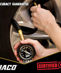 JACO ElitePro tire pressure gauge with brass connector, black dial, 0–100 psi