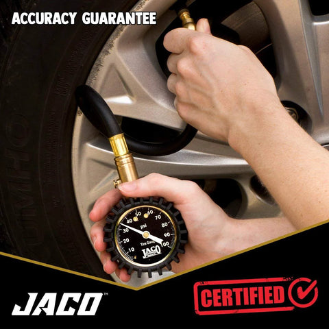JACO ElitePro tire pressure gauge with brass connector, black dial, 0–100 psi